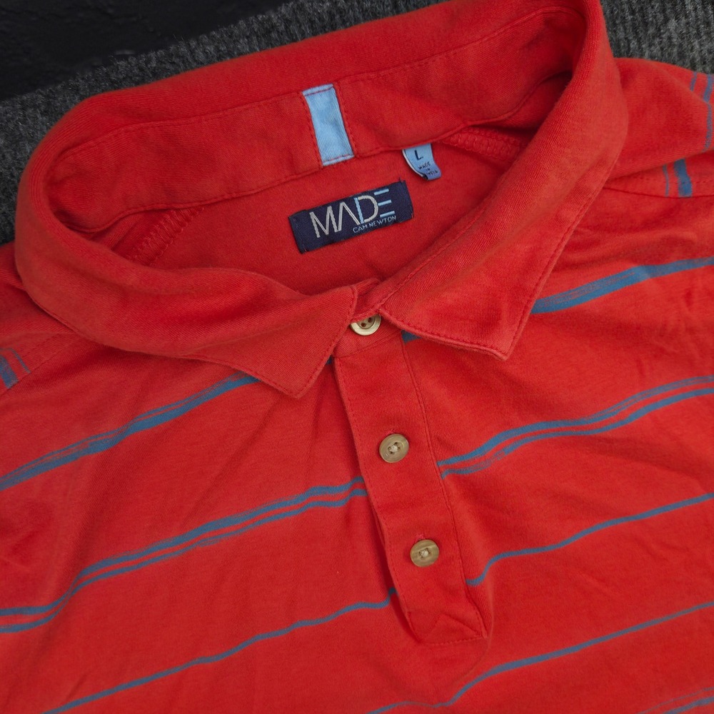 MADE Cam Newton Polo Shirt Mens L Red Blue Striped Cotton Casual Short Sleeve